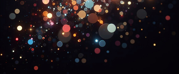 Wall Mural - Black banner dark bokeh particles glitter awards dust gradient abstract background. Futuristic glittering in space on black background blank empty with copy space for product design or text copyspace