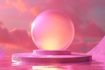 Wall Mural - Abstract surreal scene. empty stage with cylinder podium and circle shape on holographic pastel pink colored background. Pedestal for cosmetic, beauty product, packaging mockups. generative ai.