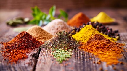 Colorful spices on wooden table