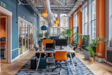 Wall Mural - innovative office layout with striking color contrasts and structured workstations, ideal for dynami