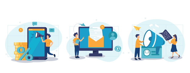 Wall Mural - Social media promotion scenes. Characters using big loudspeaker to communicate with audience, sending advertising emails, offering sale and discount. Flat cartoon vector illustration and icons set.