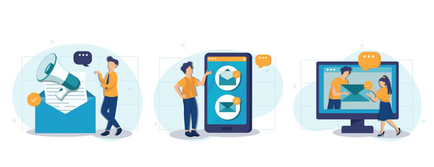 Wall Mural - E-mail marketing and promotion illustration set. Characters sending advertising mails and promotional offers with sales and discounts. Ecommerce business concept. Vector illustration.