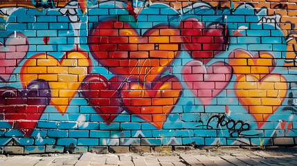 Brick wall with painted hearts in graffiti style.
