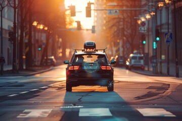 Poster - Autonomous car navigating through a city at sunset, blending technology with urban exploration