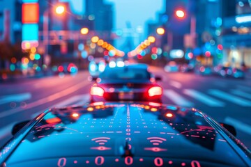 Poster - Evening rush in a bustling city captured from the drivers perspective with blurred motion and city lights