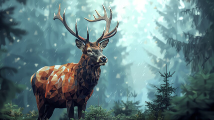 A deer stands in a forest with its antlers raised