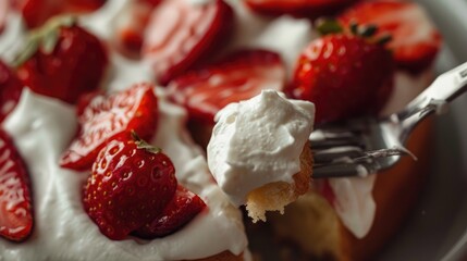 Canvas Print - Close Up Image of a Homemade Sponge Cake with Whipped Cream Strawberries and a Fork Cutting Through