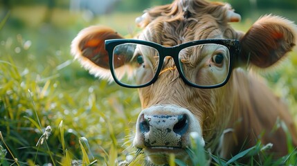 Wall Mural - funny cow with glasses eating grass, funny bakra eid, eid ul adha, eid mubarak wallpaper with copy space