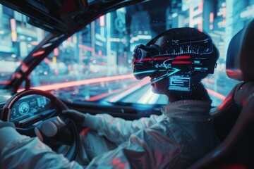 Canvas Print - Cyberpunk inspired drive with vibrant dashboard lights reflecting off the windshield