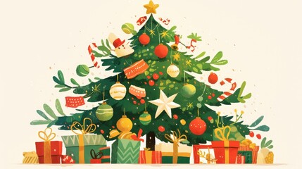 Poster - Illustration of a Christmas tree adorned with vibrant ornaments