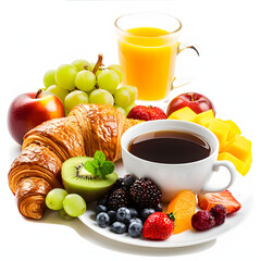 Wall Mural - Breakfast served with coffee, juice, croissants and fruits isolated on white background, professional photography, png

