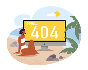 Wall Mural - error 404 webpage with woman in swimsuit sitting next to computer monitor at beach. something went w