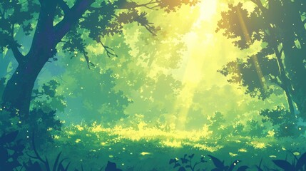 Wall Mural - An enchanting summer forest bathed in sunlight depicted in a vibrant 2d illustration in EPS 10 format
