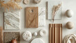 © Khawla - A flat lay of interior design material samples including marble, wood, and stone in neutral and earthy tones, minimalist photography, trending on Pinterest