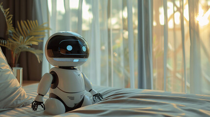 A serene bedroom with a robot gently waking up a child by drawing the curtains and playing soft music, creating a seamless morning routine in a tech-savvy household