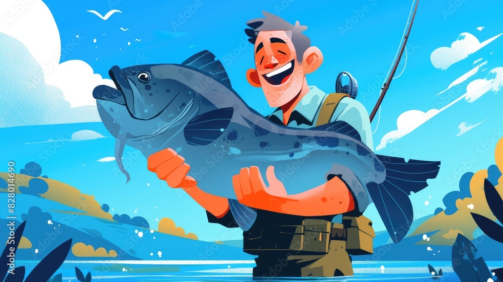 Cool Fishmen A cheerful young fisherman beams proudly as he displays a large fish ...