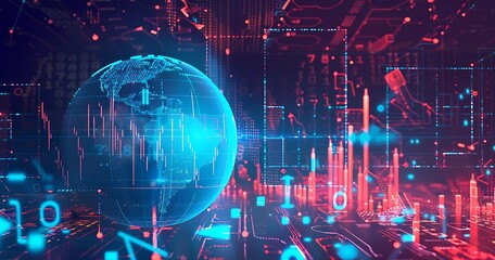 Stock market crash and technology background. Falling stock market graph on a glowing earth, network wave and program code.