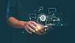 © krungchingpixs - Futuristic technology transformation. Businessman using application on smartphone for intelligence AI to assistance business. Command prompt for generates something, Ai search, Smart chatbot.