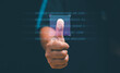 © krungchingpixs - Innovation for protection from digital cybercrime. Businessman fingerprint scan and biometric authentication, Concept of surveillance and security scan for digital cyber futuristic applications.