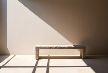 Wall Mural - A stone bench in a minimalist setting with natural lighting casting shadows on the wall