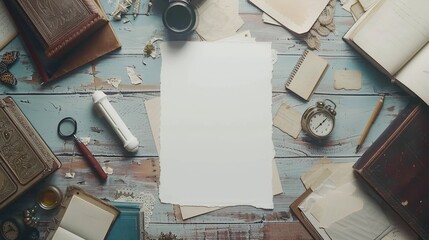 Flat lay paper mockup on workspace. Empty sheet in the middle. Top view, copy space.