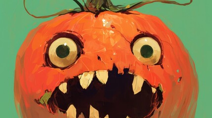 Wall Mural - Pumpkin with spooky eyes against a vibrant green backdrop