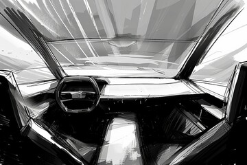 Poster - Artistic Sketch of Futuristic Car Interior with Conceptual Design Elements