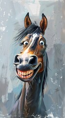 Funny cartoon character of a horse posing smiling showing its teeth and looking at the camera. Humorous vertical portrait