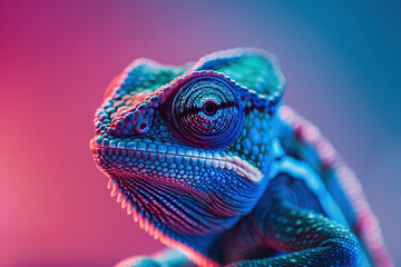 close-up view of a vibrant chameleon blending into a pink and blue background
