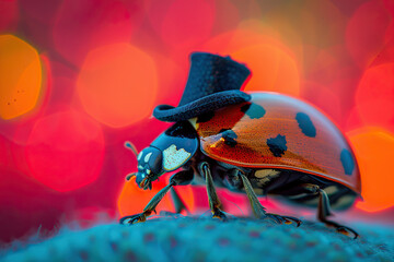 Close up of a bug with a miniature hat on its head