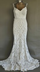 Wall Mural - A stunning linear lace wedding dress with intricate floral patterns, spaghetti straps, a sweetheart neckline, and a beautiful scalloped hemline tailor-made for an elegant bride