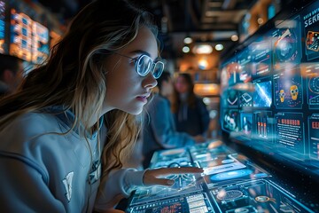 Focused young woman using a futuristic touch screen interface in a high-tech environment, symbolizing technology, innovation, and advanced research. Ideal for tech-related content, educational
