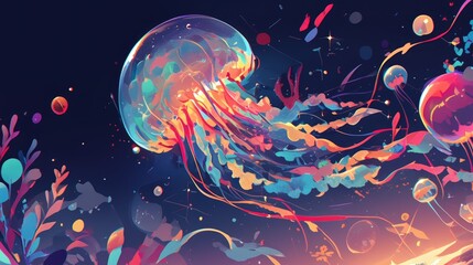 Canvas Print - A vibrant and whimsical 2d illustration of a jellyfish a fascinating creature of the sea brought to life in a cartoon style