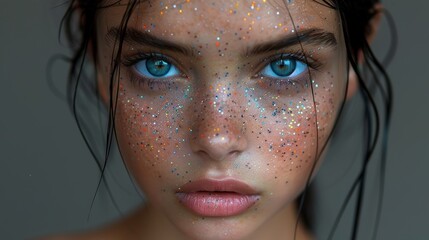 Wall Mural - A close-up portrait of a person with striking blue eyes and wet hair, covering their face with colorful glitter and a neutral background