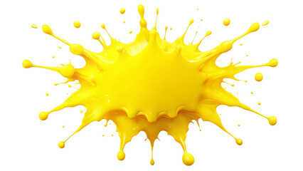 A vivid yellow pop art splash in mid-action with exaggerated drips and splatters. Isolated on a white background with ample copy space. Ideal for graphic design, posters, and modern art visuals.