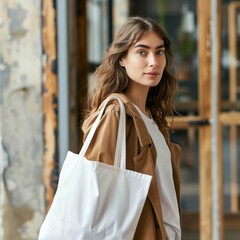 Wall Mural - a fun, young adult female carrying a white tote bag over her shoulder, mockup