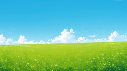 Wall Mural - Illustration background featuring lush green grass against a backdrop of clear blue skies