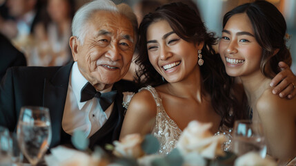 Elderly man, young woman, and teenager laughing together at a wedding table, celebrating a family event.