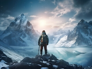 Wall Mural - Hiking On Mountain, people with backpack hiking on mountain peaks, Hiking on green and Icy mountains, foggy hills, Hiking on open natural air, travel on mountain.