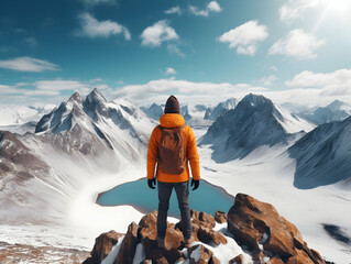 Wall Mural - Hiking On Mountain, people with backpack hiking on mountain peaks, Hiking on green and Icy mountains, foggy hills, Hiking on open natural air, travel on mountain.