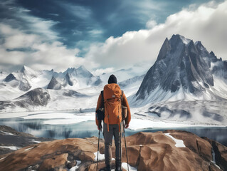 Wall Mural - Hiking On Mountain, people with backpack hiking on mountain peaks, Hiking on green and Icy mountains, foggy hills, Hiking on open natural air, travel on mountain.