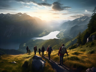 Wall Mural - Hiking On Mountain, people with backpack hiking on mountain peaks, Hiking on green and Icy mountains, foggy hills, Hiking on open natural air, travel on mountain.