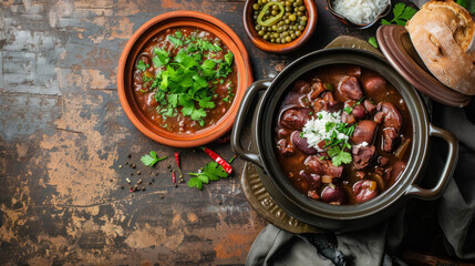 brazilian feijoada served in a traditional pot, rich and hearty meat stew