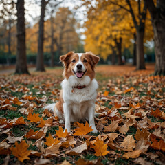 The cute Papillon dog with white brown hair is in the autumn covered with orange beautiful leaves of the park