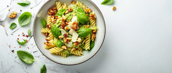 italian pasta with crunchy walnut pesto topped with fresh basil and cheese flakes with copy space for text