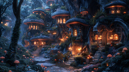 Wall Mural - illustration of a hidden underground city populated by dwarves gnomes and other fantastical creatures with intricate tunnels glowing mushrooms and secret passages leading to hidden treasures