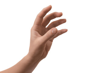 Wall Mural - woman holding something in hand on white background, closeup