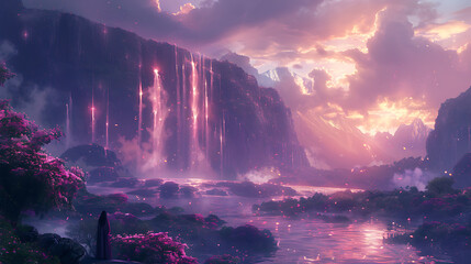 Wall Mural - illustration of a hidden valley shrouded in mist where mystical wonders such as glowing crystals singing waterfalls and floating islands defy the laws of nature and captivate the imagination