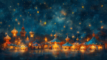 Wall Mural - illustration of a magical carnival under the stars with colorful tents dazzling performers and enchanting attractions that captivate the imagination and spark wonder in the hearts of all who attend