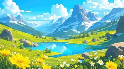 Wall Mural - Experience a captivating spring mountain scenery adorned with a serene lake and vibrant flowers in this 2d cartoon depiction featuring magnificent rocky peaks lush green hills a tranquil val
